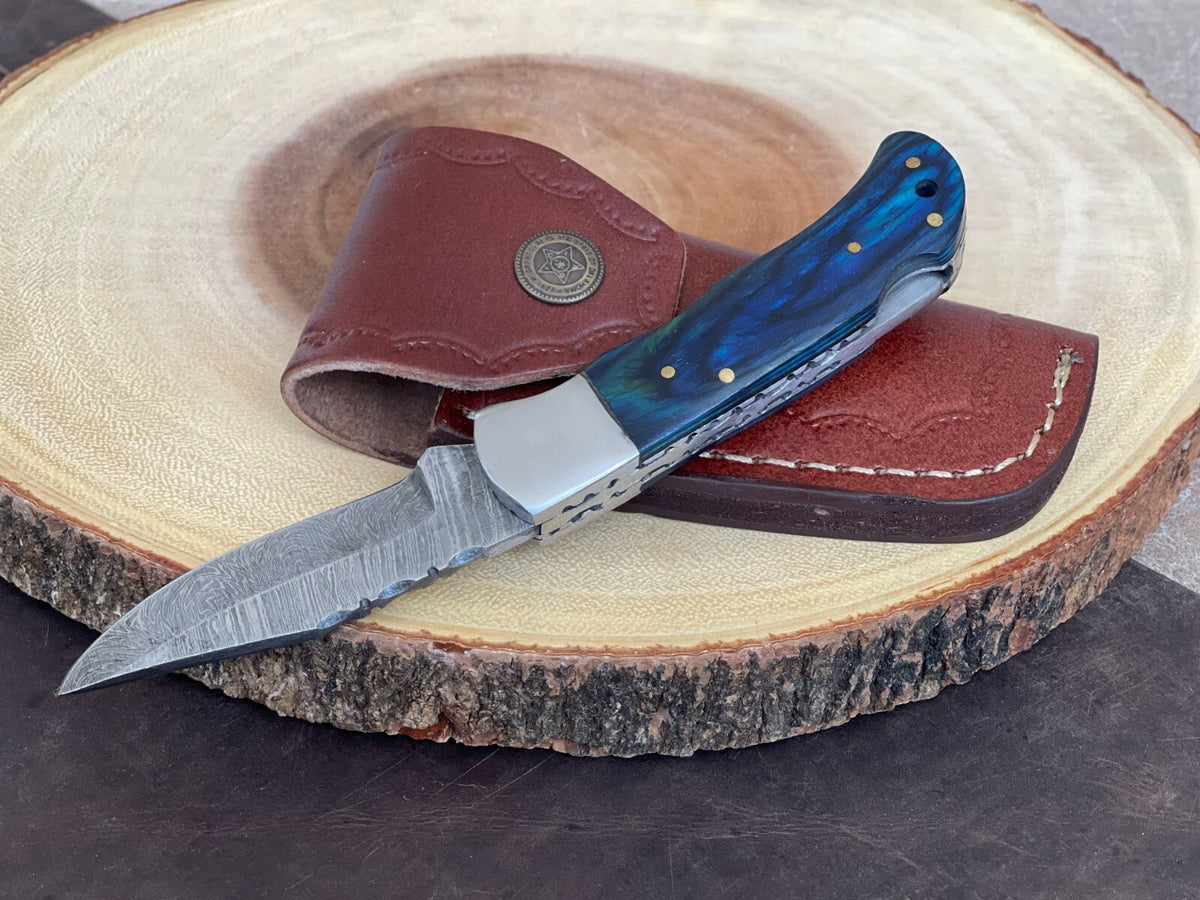 Handmade Damascus Folding Knife with Multiple Color Variants