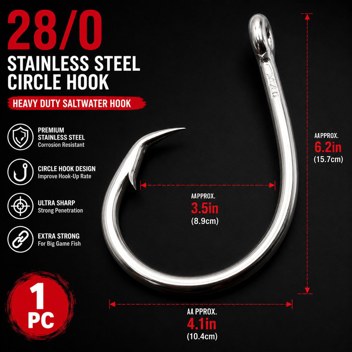 Heavy Duty 28/0 Stainless Steel Circle Fishing Hook for Big Game Saltwater Offshore
