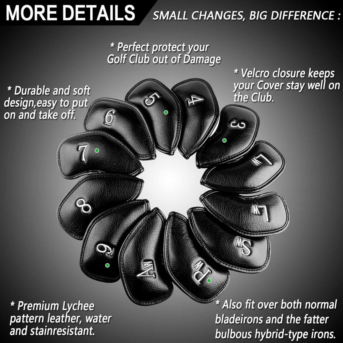 Golf Iron & Wedge Head Covers 12 Pack with Embroidered Labels - Fits Most Clubs