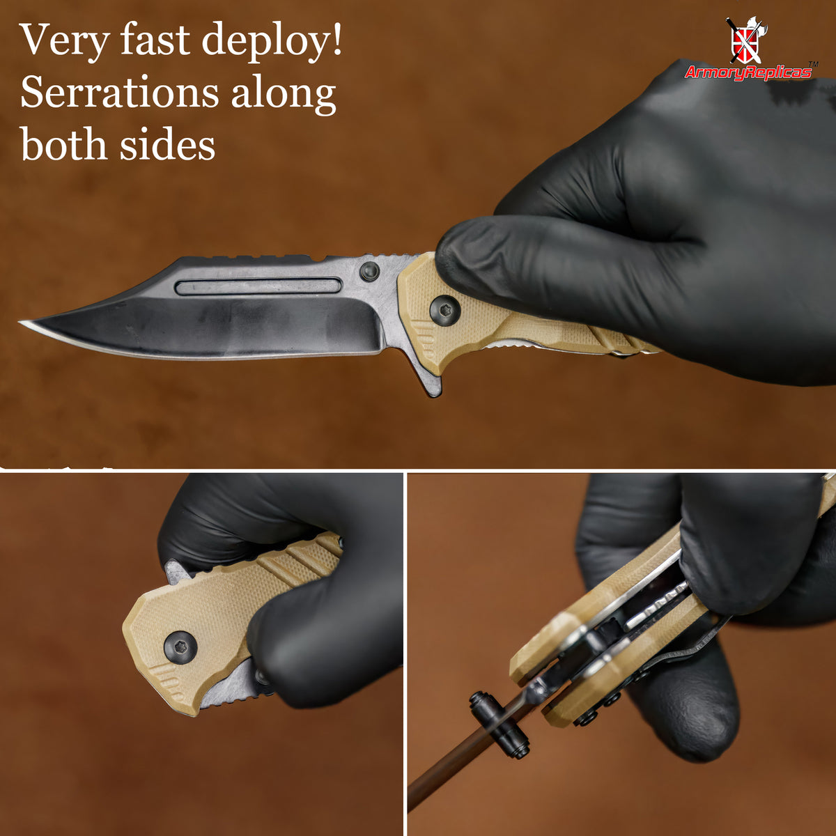 Tactical Black Blade Knife with G-10 Handle, Spring Assist, 8.5 Inch