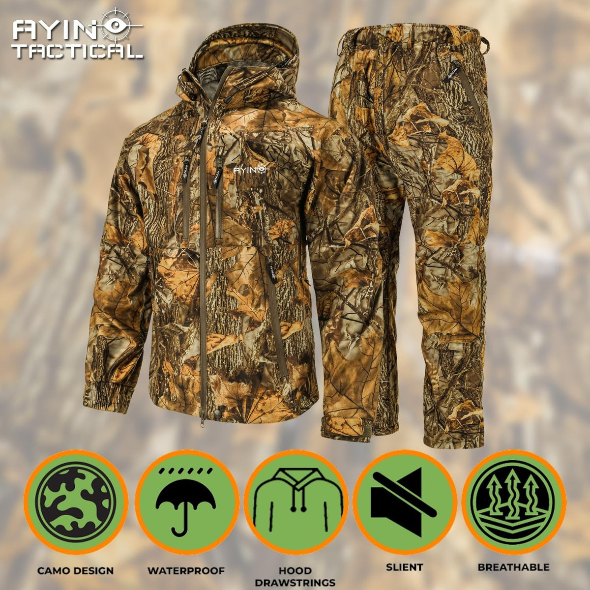 Silent Breathable Waterproof Camouflage Hunting Rain Suit with Pants and Jacket