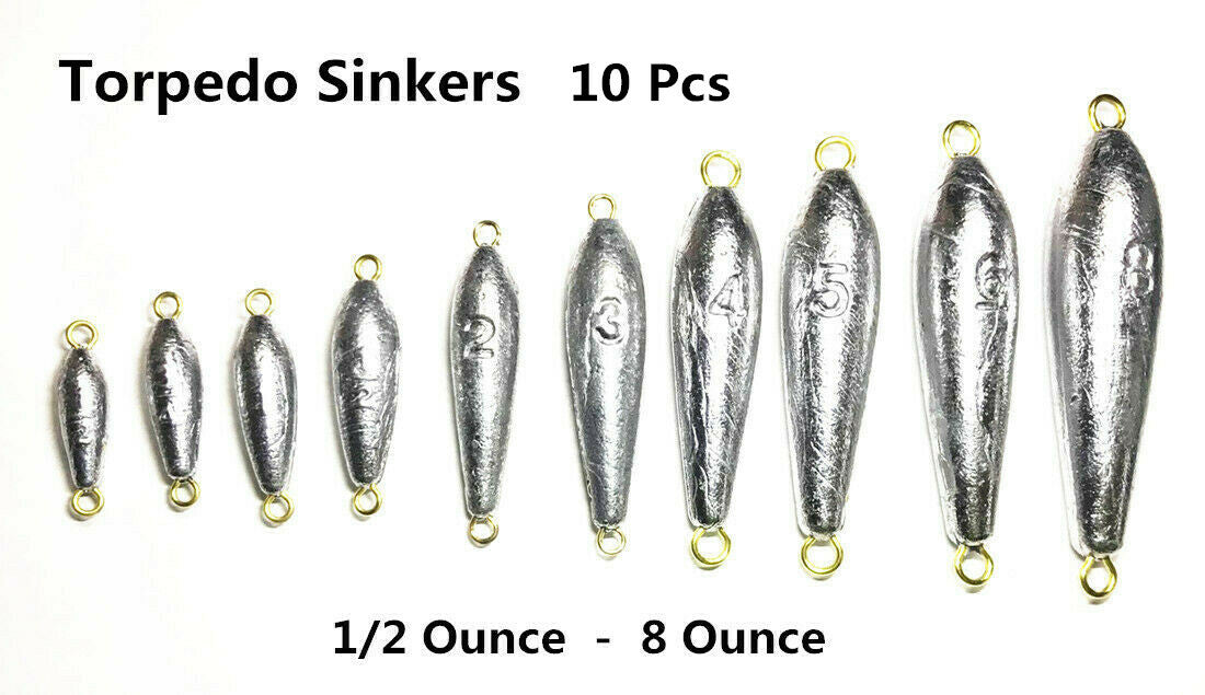 Torpedo Fishing Sinkers - Multiple Sizes, 10 Pack for Trolling and Bottom Fishing