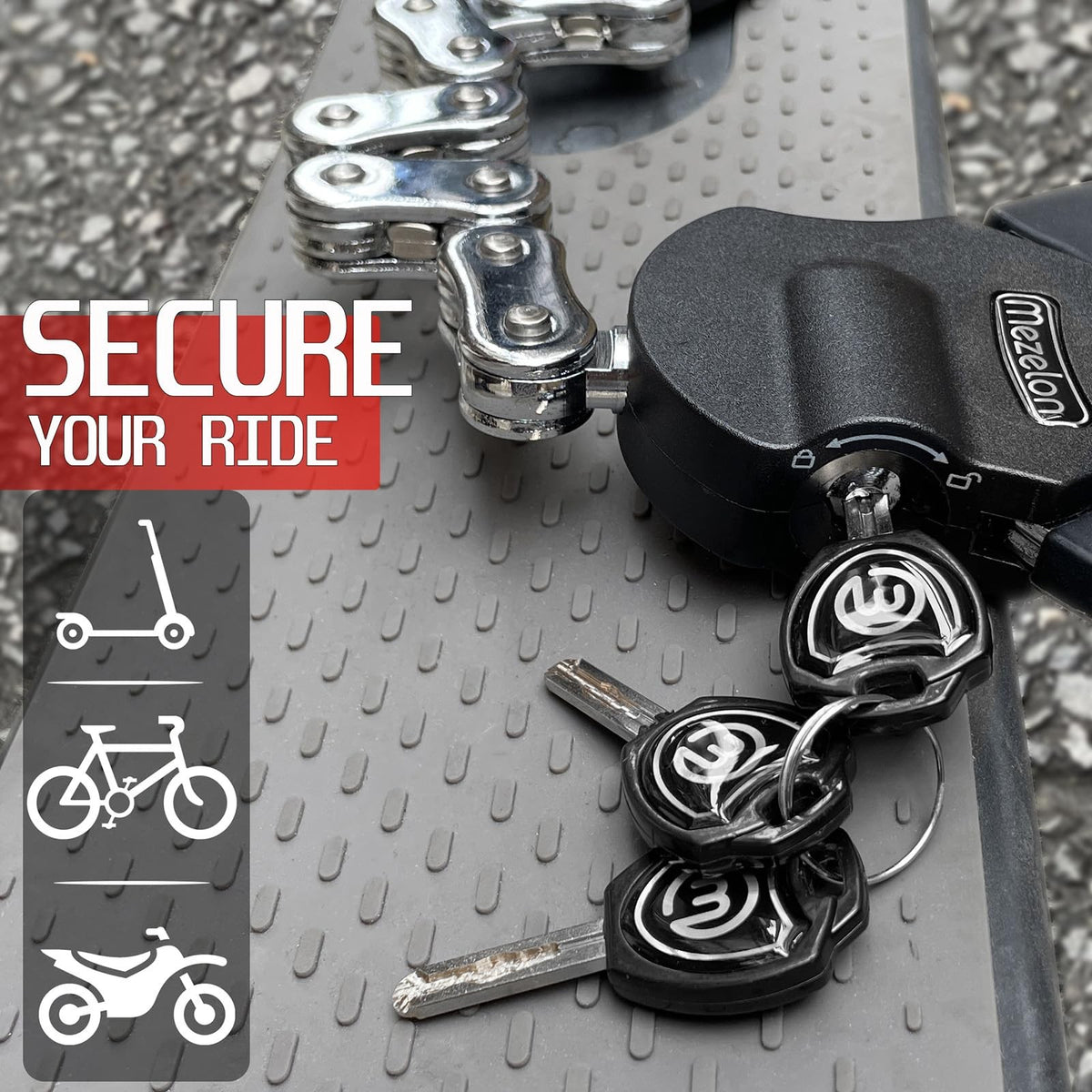 Heavy Duty 8mm Chain Lock for Electric Scooters with 3 Keys & Waterproof Bag