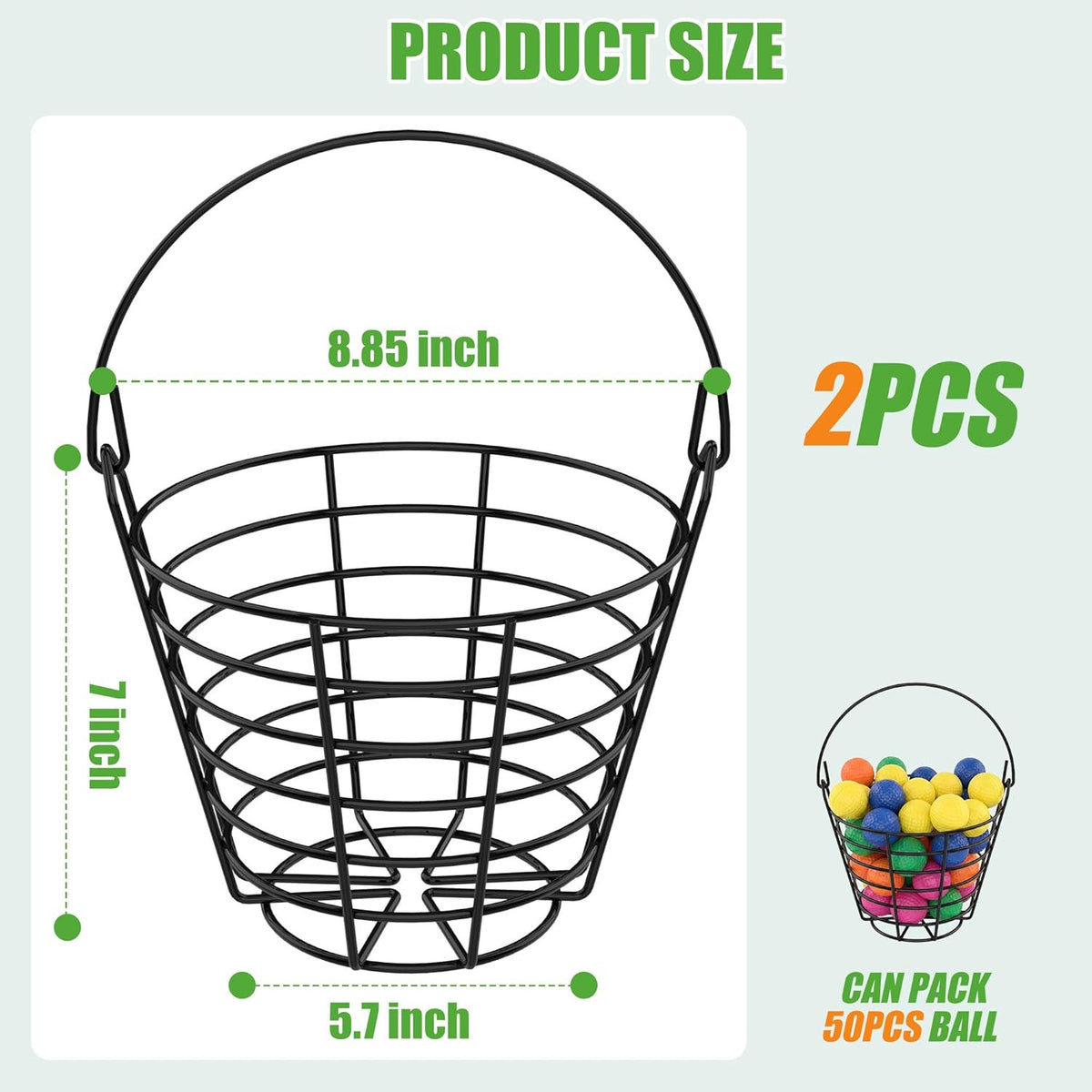 Metal Golf Ball Basket Set with Handle - Holds 50 Balls Each, Practice Range Storage Bin