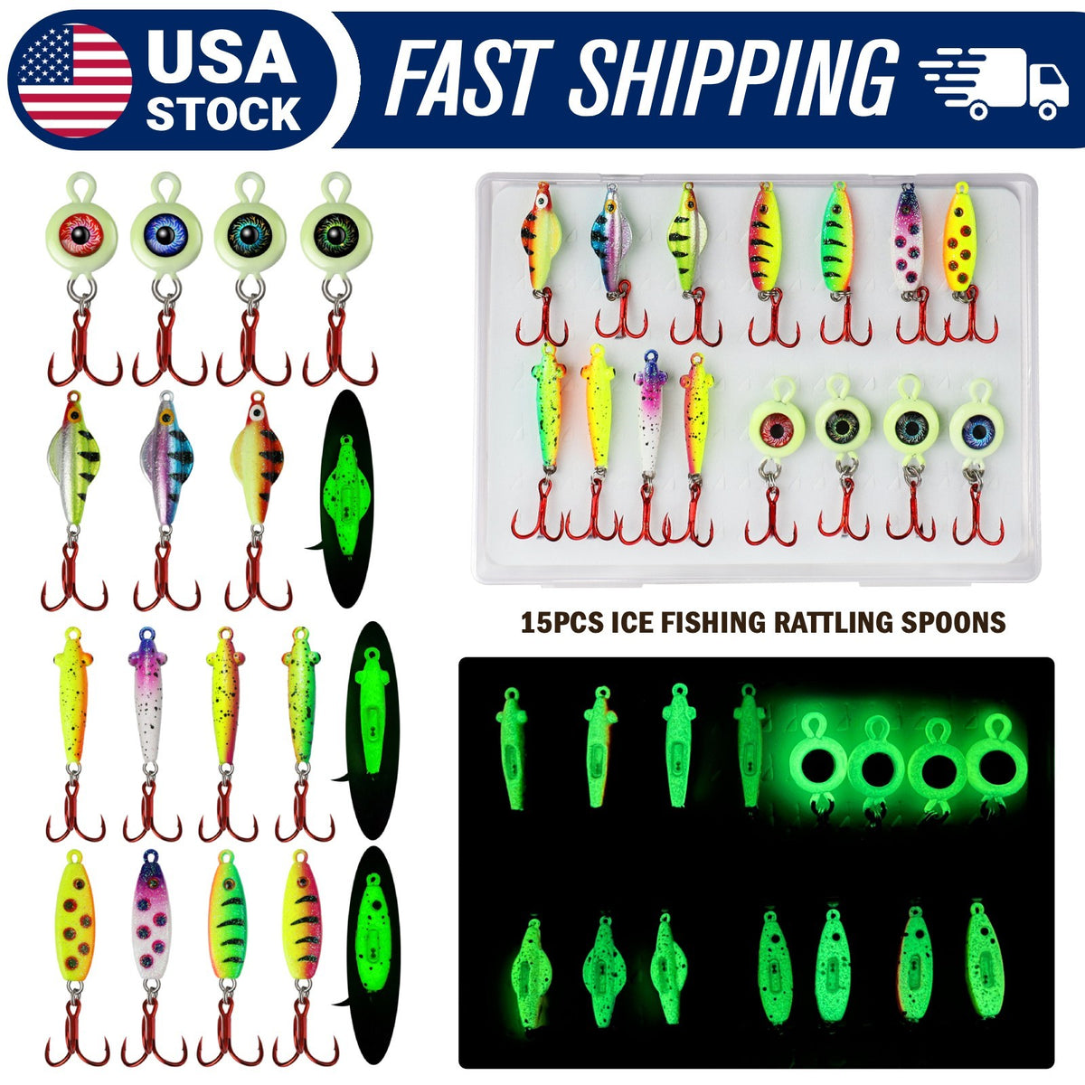 15PCS Ice Fishing Spoons Kit - Glow & Rattling Lures with Treble Hooks