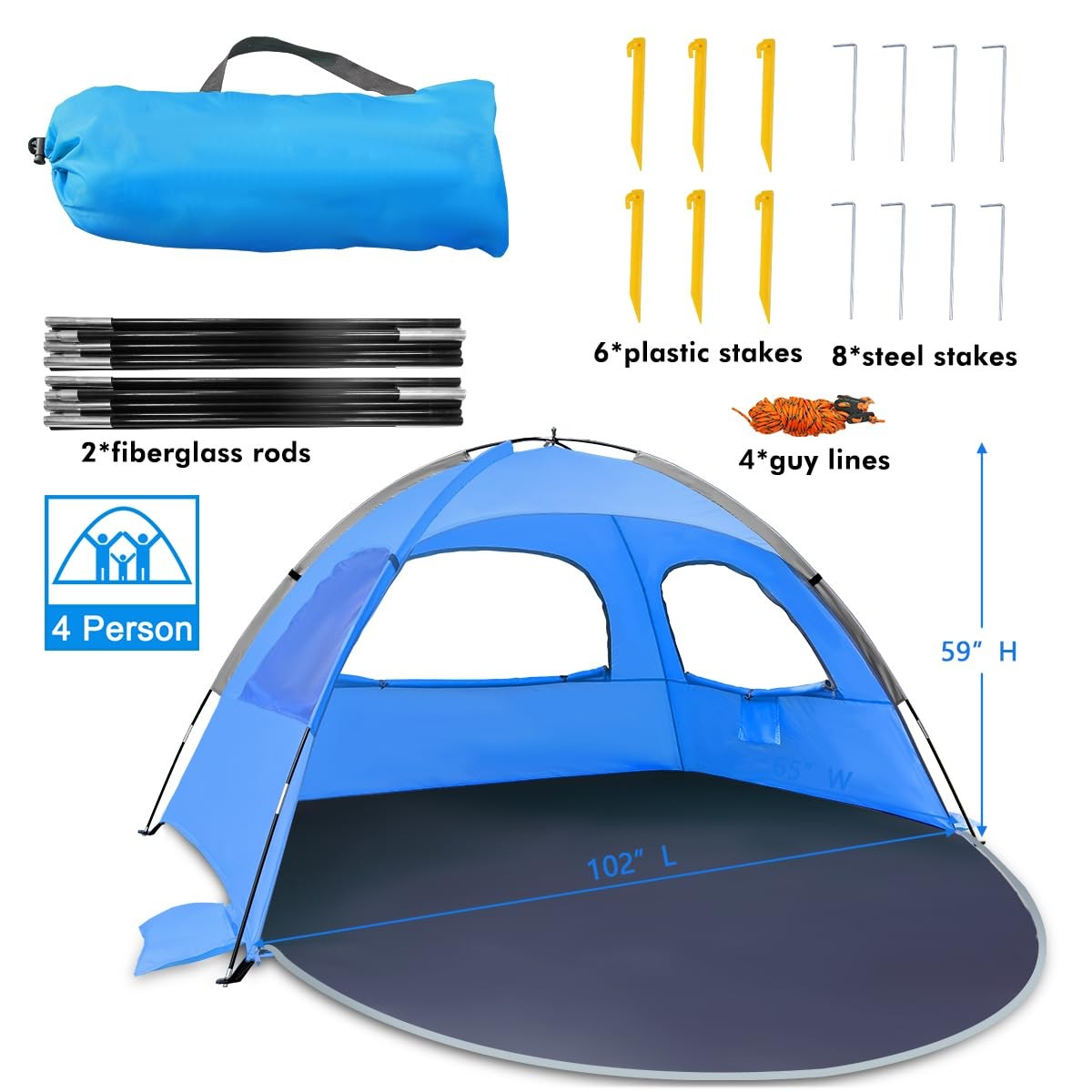Beach Tent Sun Shade Shelter for 4 People Sky Blue UPF 50+ UV Protection
