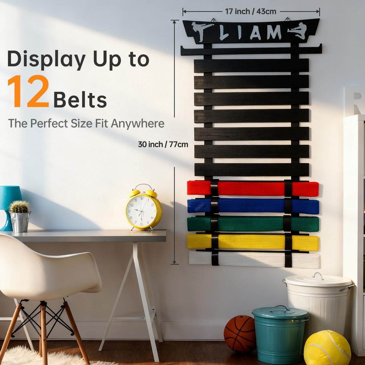 Martial Arts Belt Display Rack for 12 Belts with Stickers & Medal Hanger