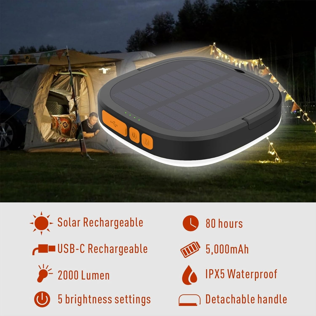 Rechargeable Solar Camping Lantern with 2000 Lumens, Waterproof, 5 Light Modes