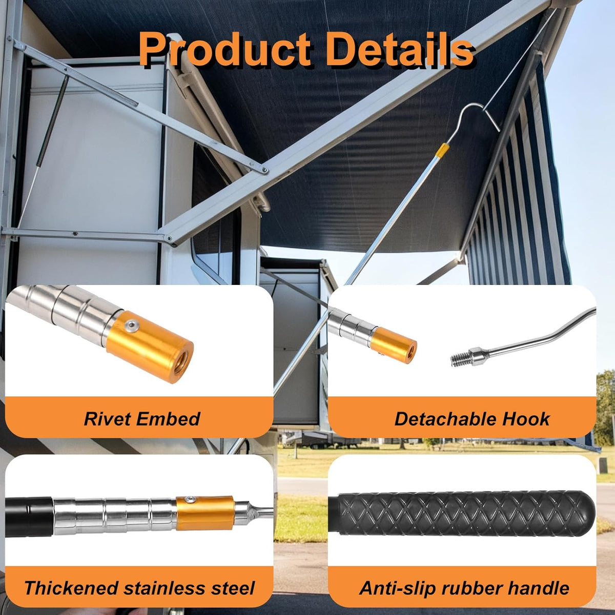 Portable Telescoping Awning Opener Pole - 63-Inch RV Sunshade Hook Tool