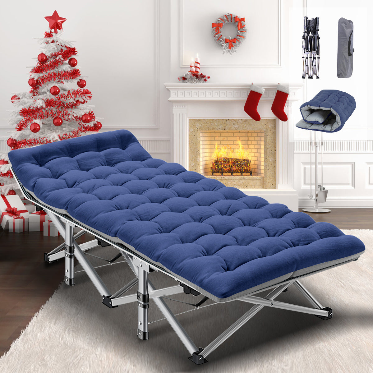 Heavy Duty Folding Camping Cot for Adults with Cotton Mat - Wide Sleep Bed