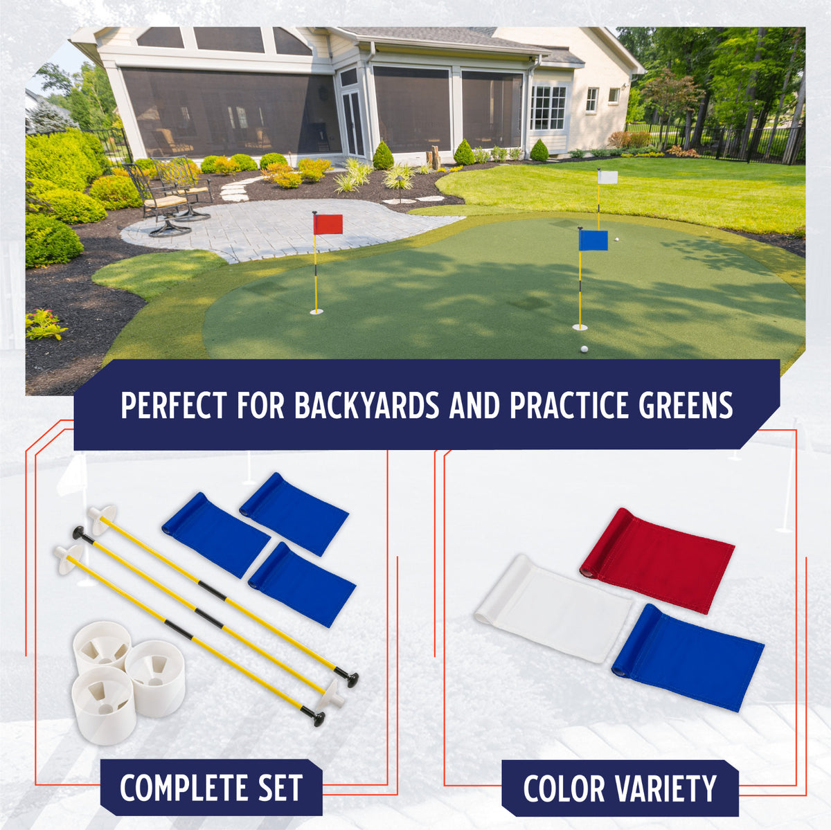 Golf Flagstick Set of 3 with Flags and Cups for Backyard or Course Use