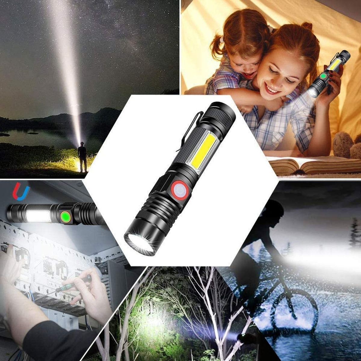 Rechargeable LED Flashlight with Magnetic Base & COB Sidelight – Super Bright, Waterproof, Zoomable