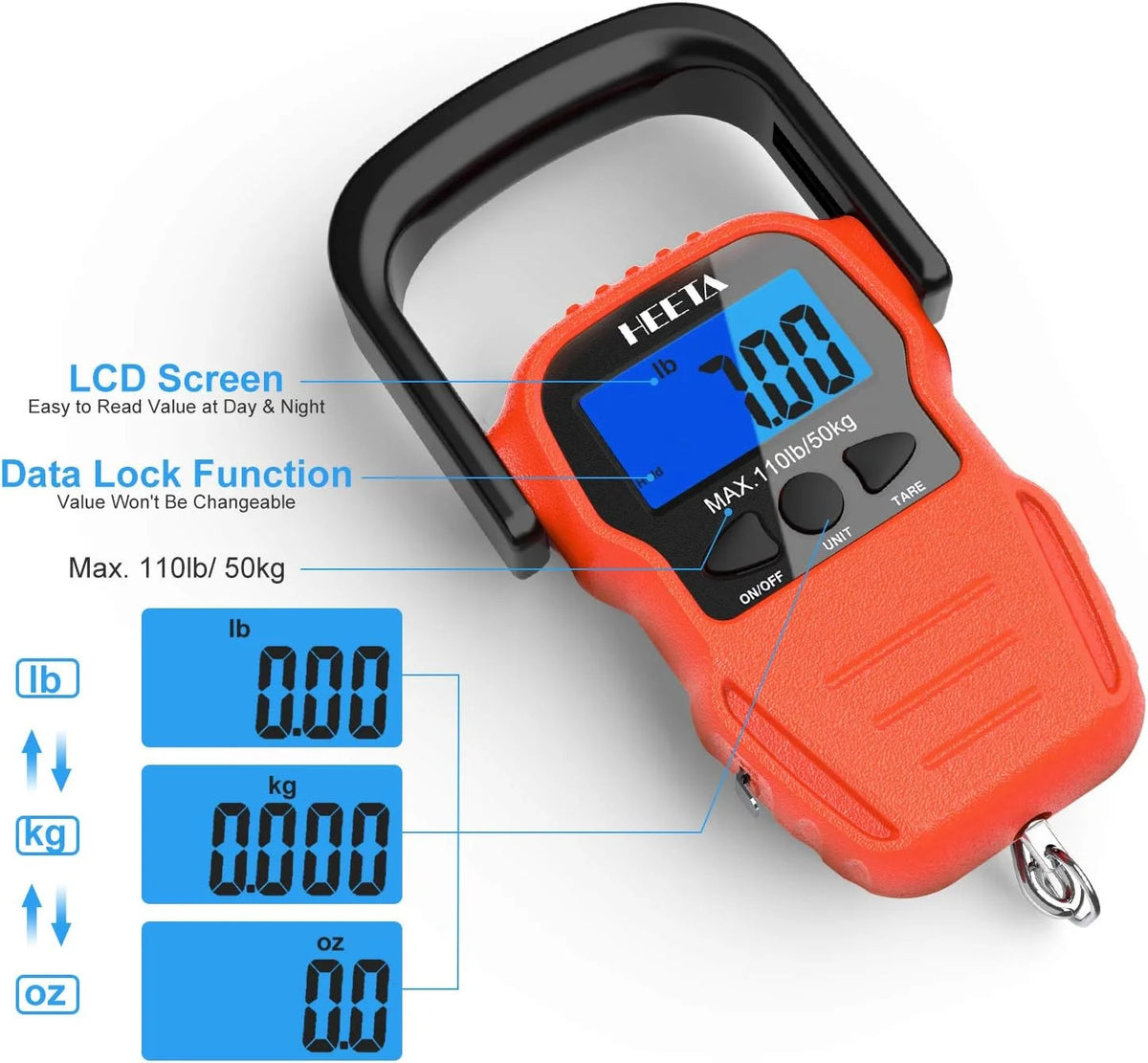 Digital Fish Scale with Backlit LCD Display 110lb/50kg Portable Hanging Weighing Tool