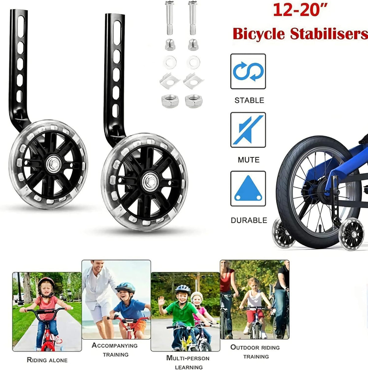 Heavy Duty Kids Bike Training Wheels for 12-20 Inch Bicycles - Safe Stable Stabilizers