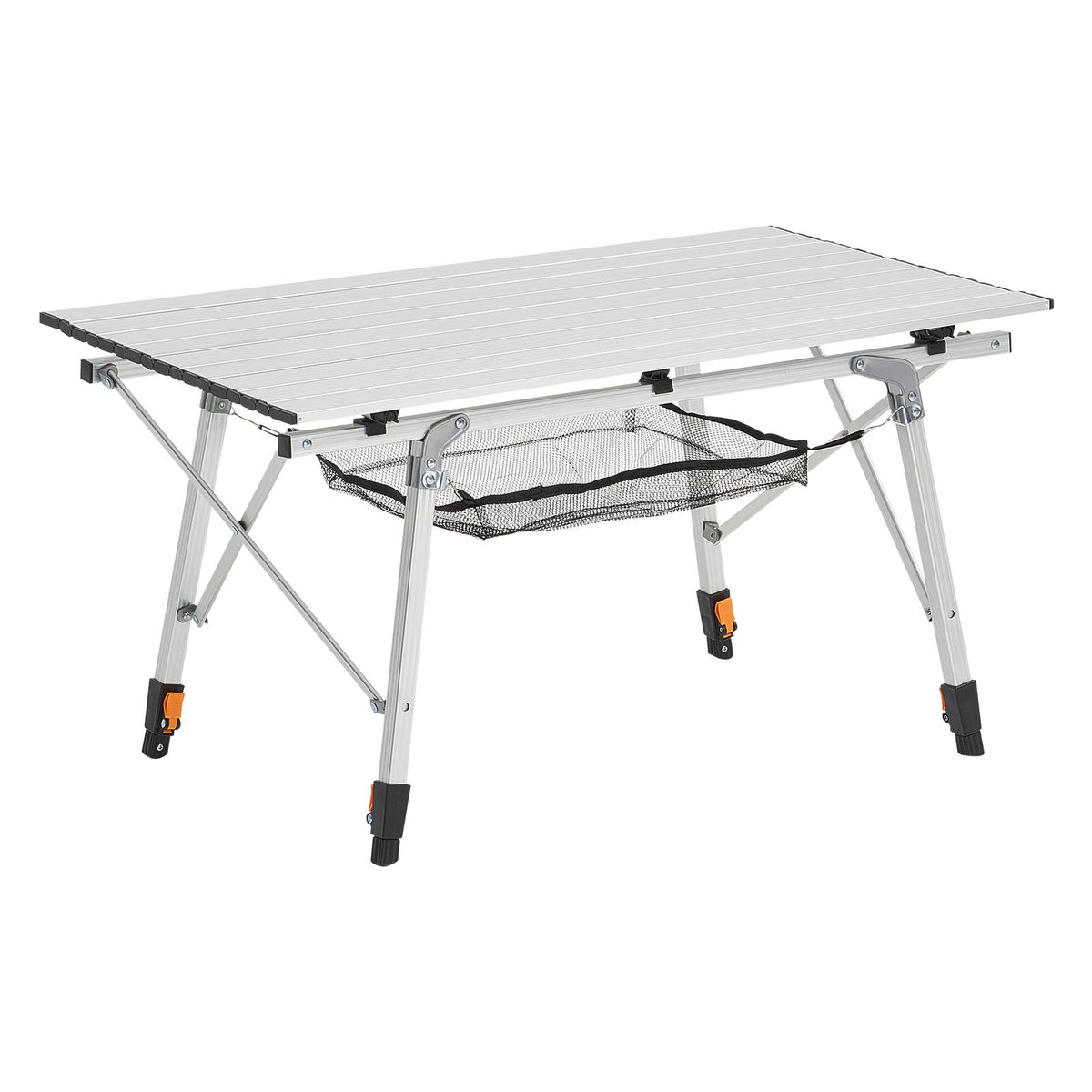 Portable Folding Aluminum Camping Table with Roll-Up Top & Mesh Shelf