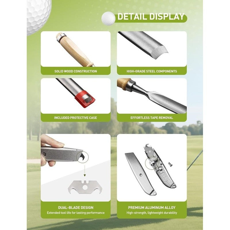 Quick & Safe Golf Grip Removal Tool with V-Groove Tape Stripper, Curved Blade