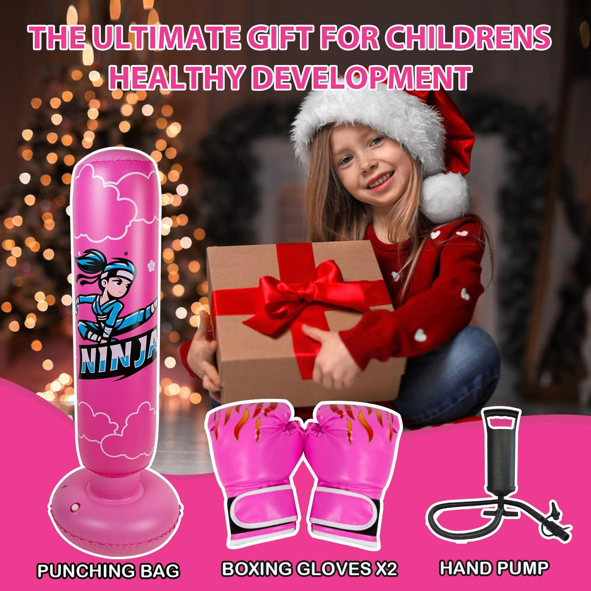 66 Inch Kids Inflatable Punching Bag with Gloves & Pump - Pink