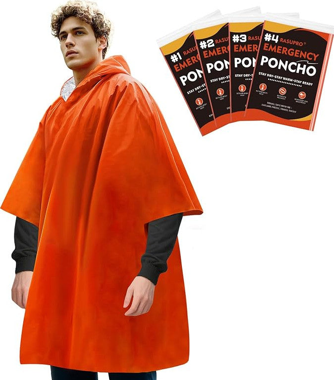 4 Pack Emergency Thermal Ponchos Waterproof Reusable Rain & Survival Coat