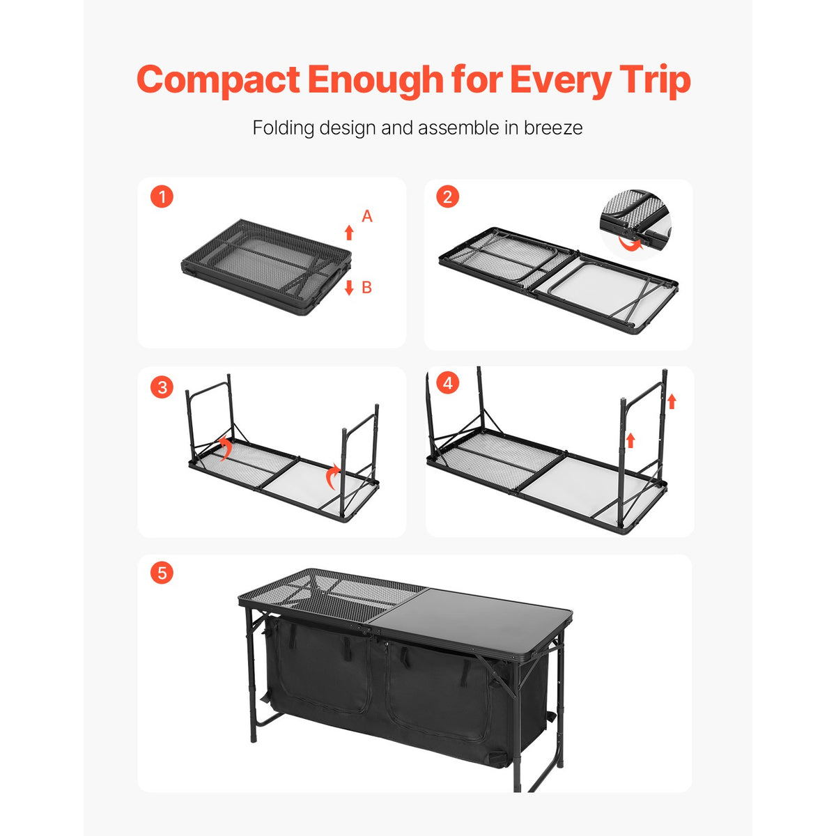Portable Camping Kitchen Table with Adjustable Height and Storage