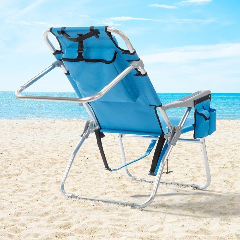 Blue Adjustable Beach Chair with Storage Cooler Pouch - Lightweight Portable Folding Chair