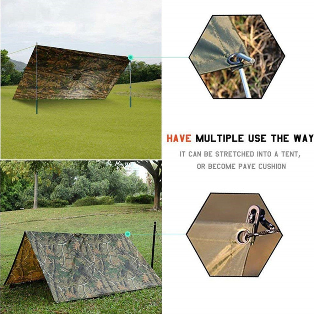 Military Style Multi-Use Rip-Stop Camouflage Rain Poncho - Waterproof Emergency Shelter