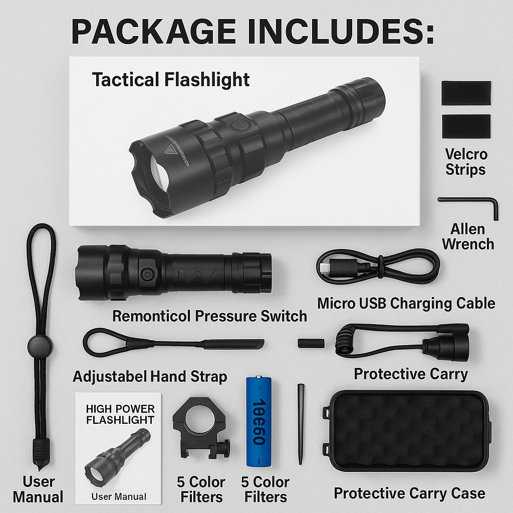 Tactical Waterproof USB Rechargeable Flashlight Kit for Outdoor Hunting Camping