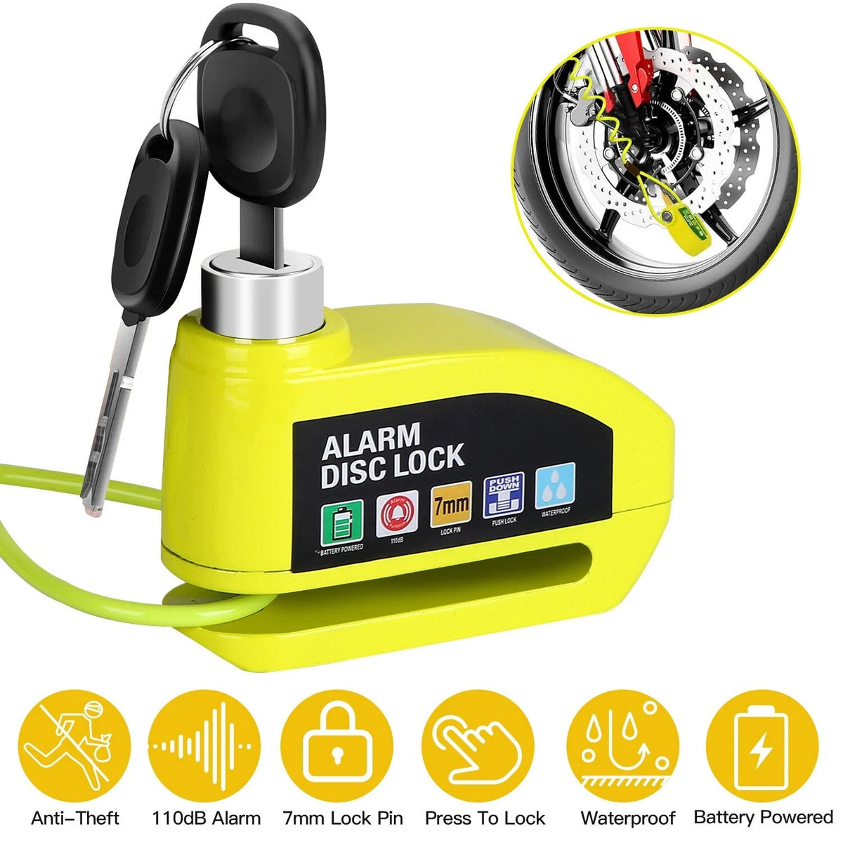 Waterproof Motorcycle Disc Brake Lock with Alarm and Reminder Cable