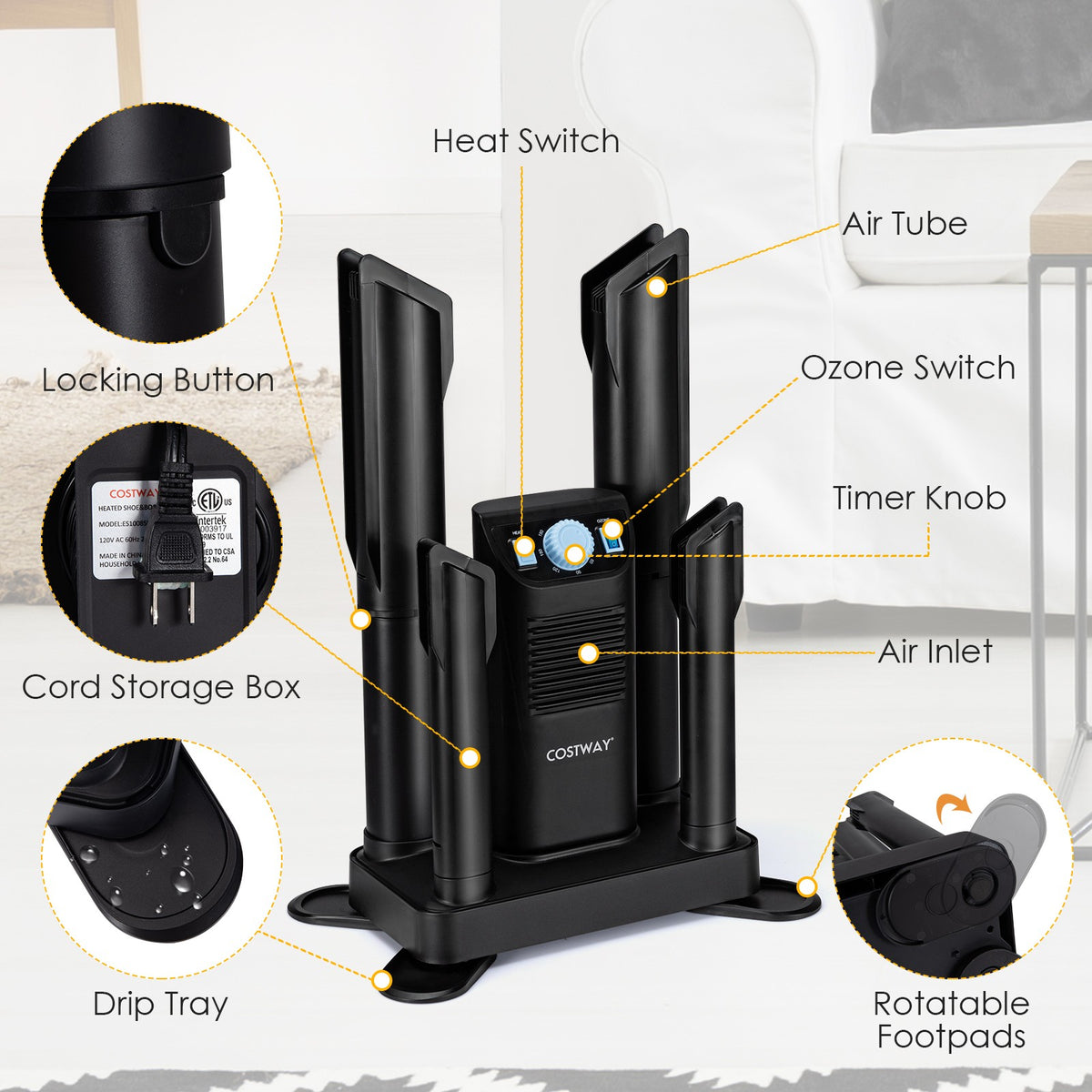 Electric Shoe Dryer with Ozone Deodorizer, 4 Shoe Capacity, Timer, Black