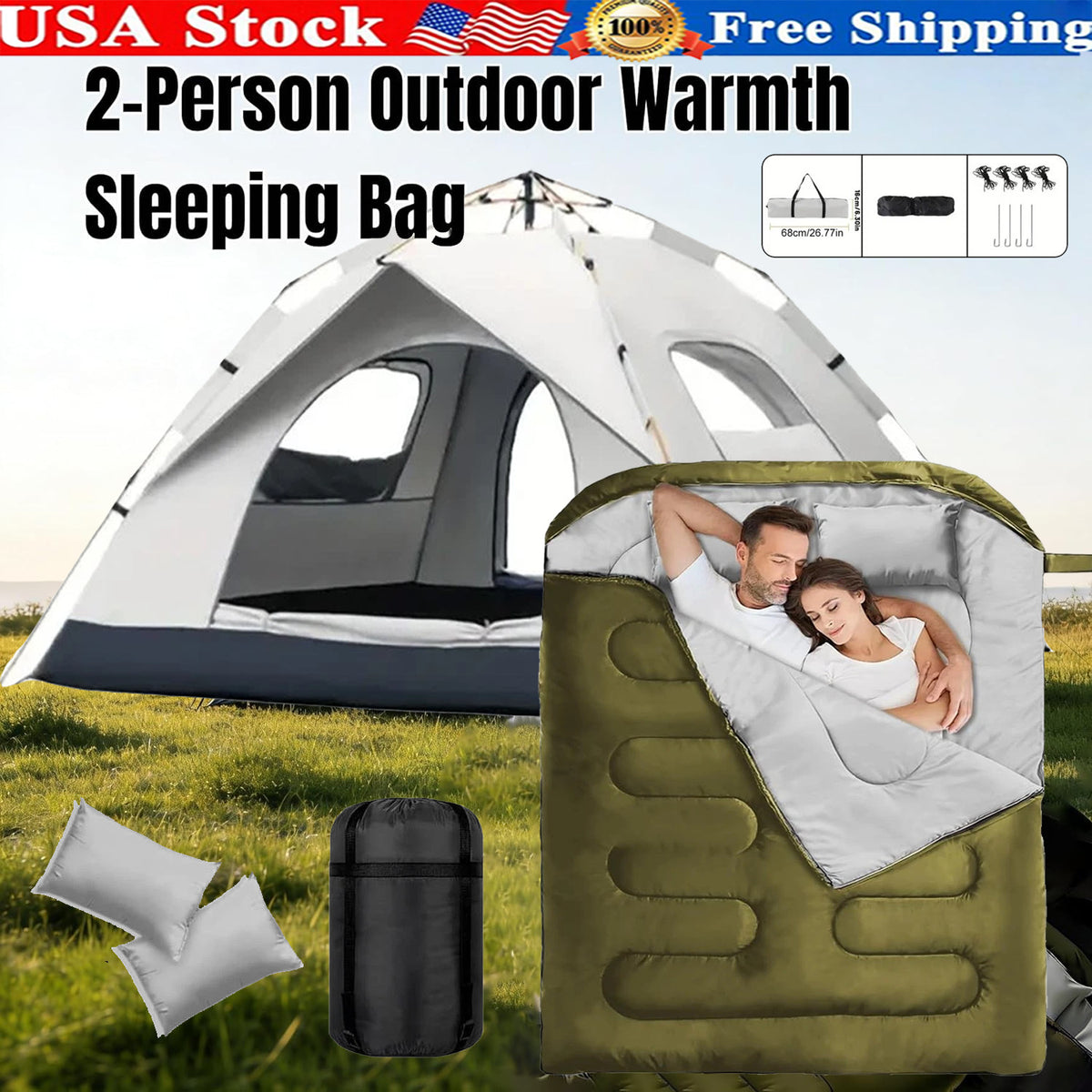 2-3 Person Camping Tent Set with Double Sleeping Bag - Easy Setup Waterproof Gear