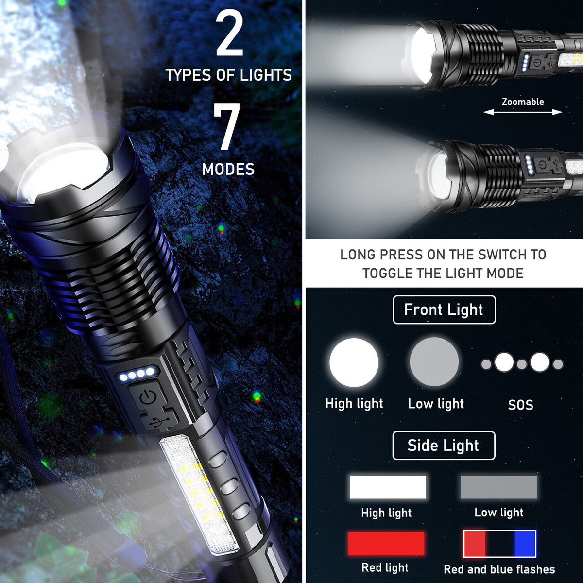 Rechargeable LED Flashlight with Zoom, 7 Modes, Waterproof Camping Torch