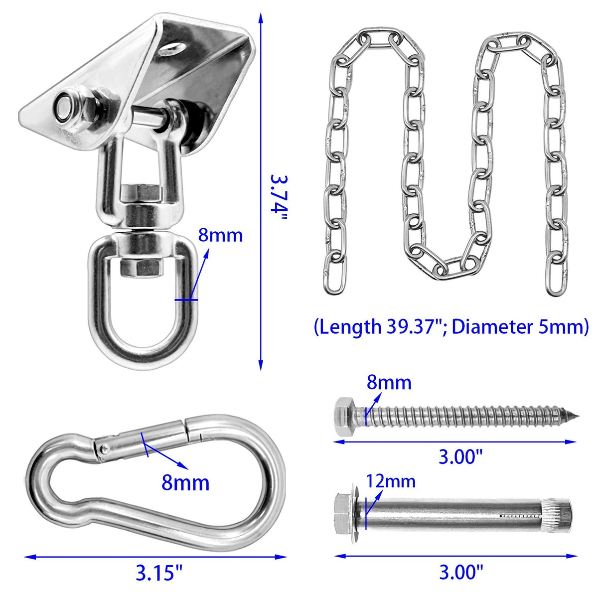 Heavy Duty Hammock Hanging Kit with 39-Inch Steel Chain & Swivel - Supports 1000lbs