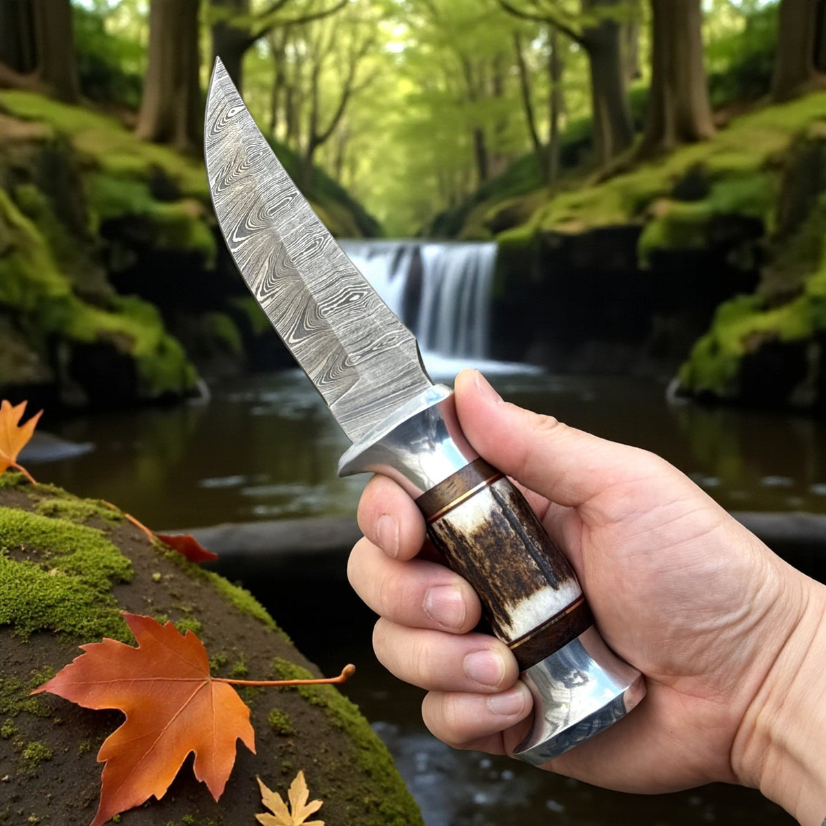 Personalized Damascus Steel Hunting Skinning Knife with Deer Antler Handle