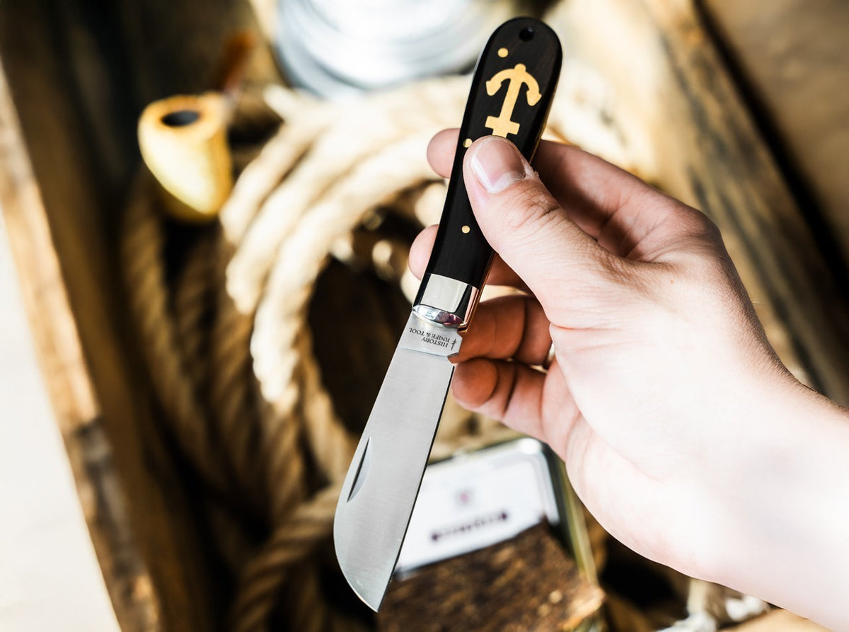 Fishing & Sailing Anchor Knife 3.15" Folding Pocket Knife with Ebony Handle