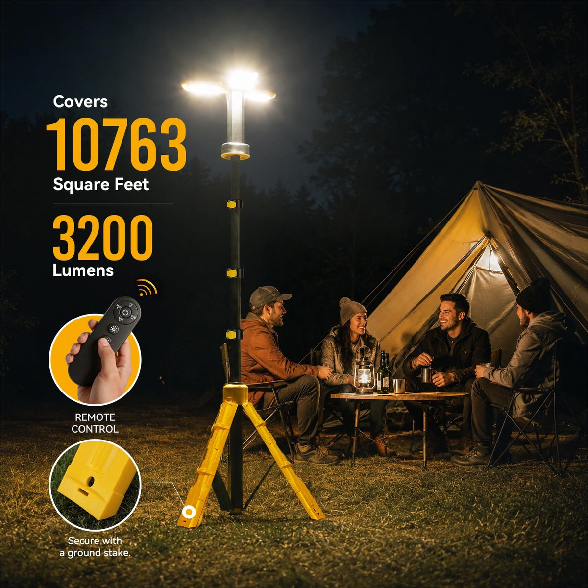 Rechargeable Camping Light with Stand 12000mAh Power Bank 73.2 Inch Yellow