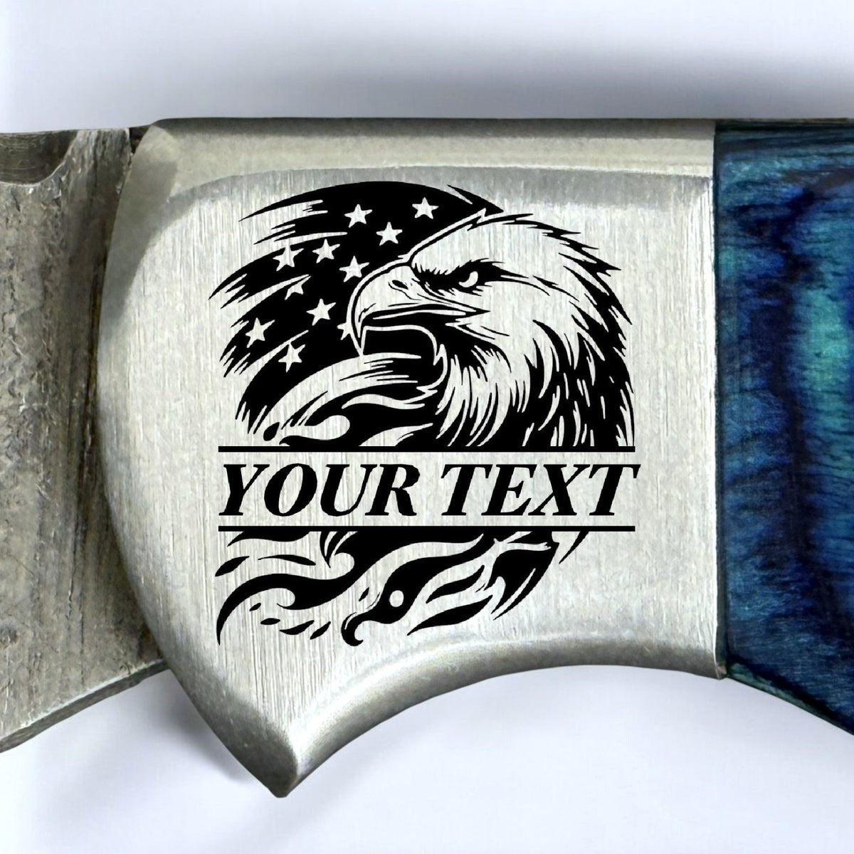 Personalized Damascus Folding Knife with Carved Blade and Leather Sheath