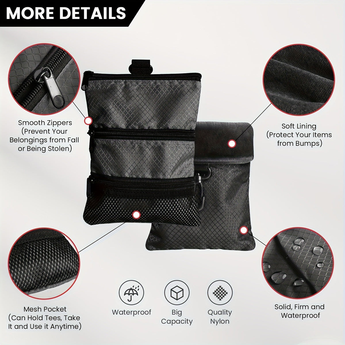 Golf Accessory Pouch Bag with Zipper and Multiple Pockets for Valuables and Tees