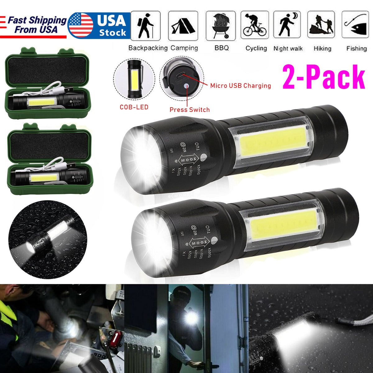 Rechargeable COB LED Flashlight 2 Pack - 3 Modes, Zoom, Side Light