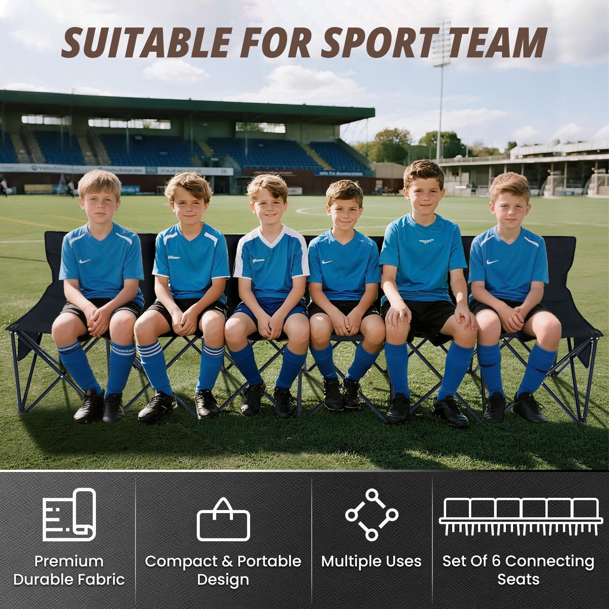 6 Seat Folding Sports Bench with Backrest & Storage for Stadium & Camping