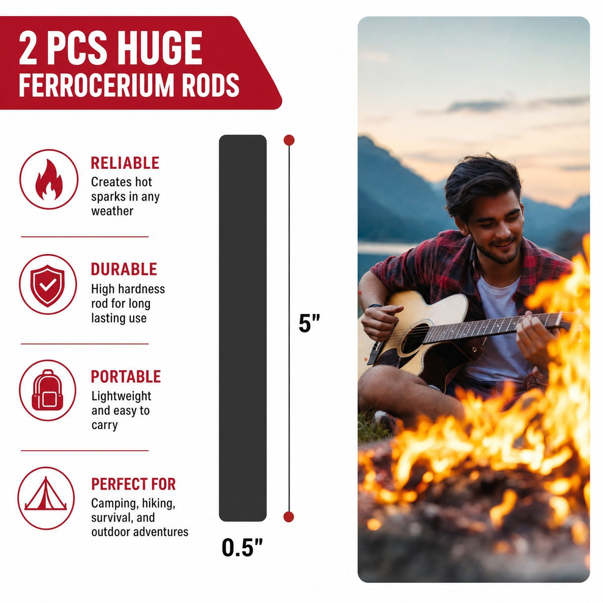 Large Ferrocerium Fire Starter Rods - Camping & Survival Fire Igniters
