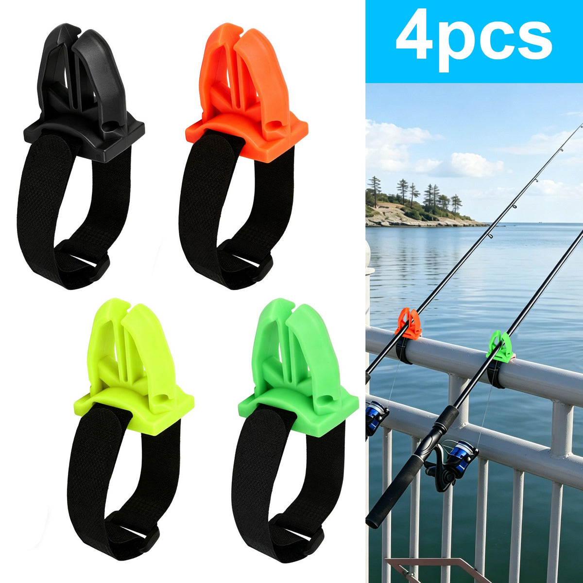 Fishing Rod Holder Rail Mount Clips Adjustable Silicone Straps Set of 4