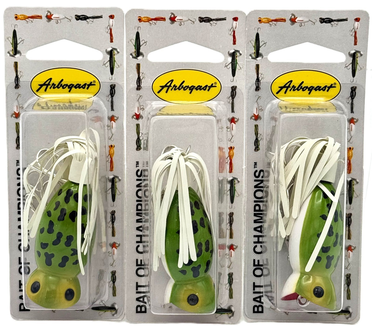 Set of 3 Arbogast Hula Popper 2-Inch Frog White Belly Fishing Lures