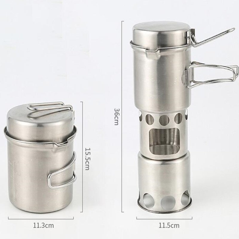 Stainless Steel Camping Cookware Set with Wood Stove for Hiking & Backpacking