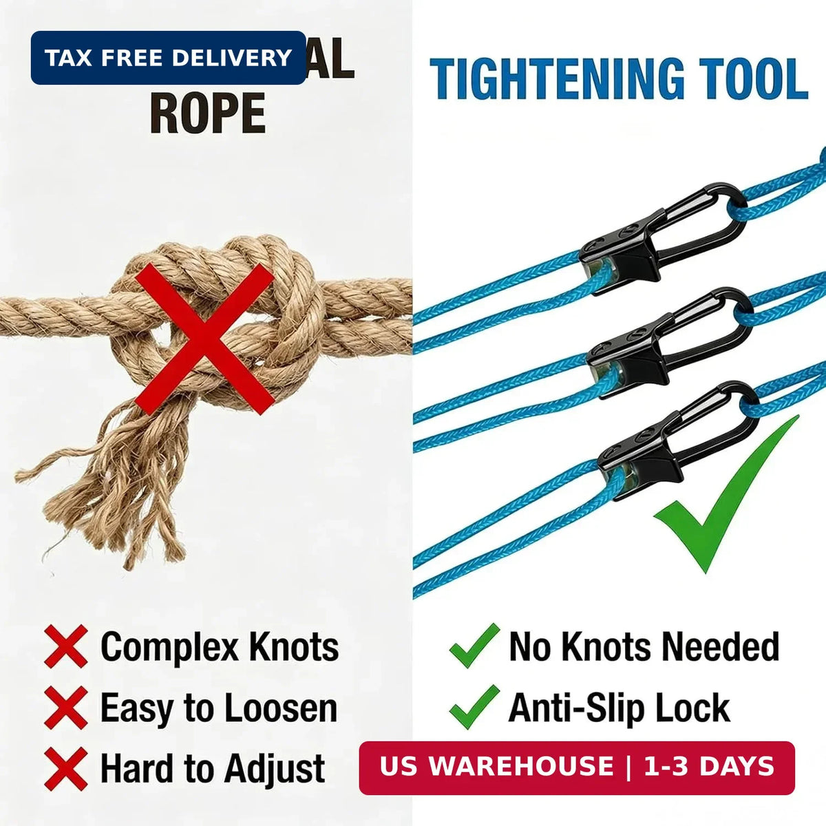 Heavy Duty Rope with Roller Tensioner Set - Secure Tie-Downs for Camping & Boating
