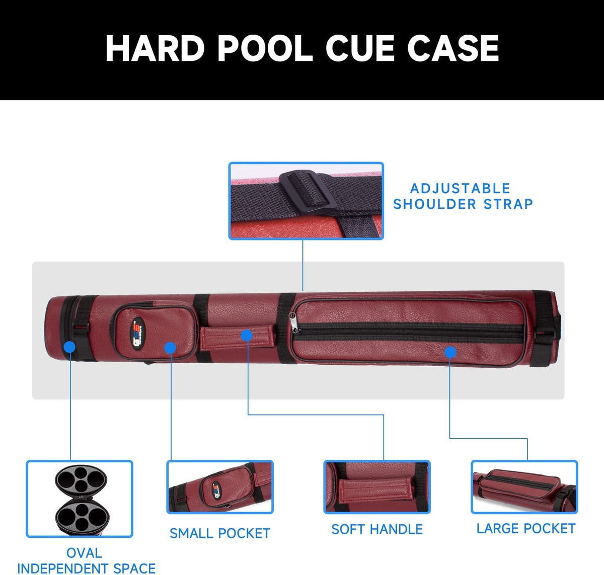 2x2 Oval Billiard Cue Case Holds 2 Butts & 2 Shafts, Leatherette, 32 x 4.33 x 2.56 in