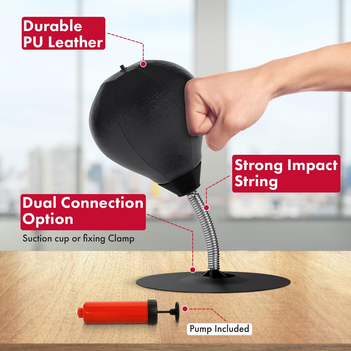 Stress Relief Desktop Punching Bag with Clamp & Suction Cup - Black