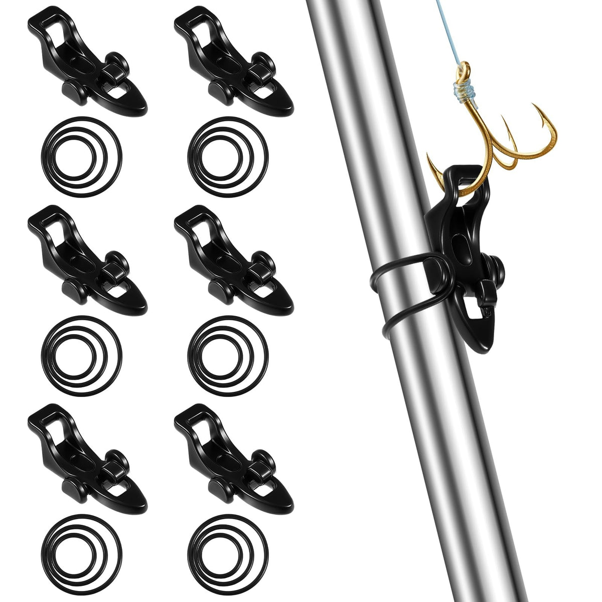 Fishing Hook Keeper Set with 3 Sizes for Rods - 6 Black Plastic & Rubber Holders
