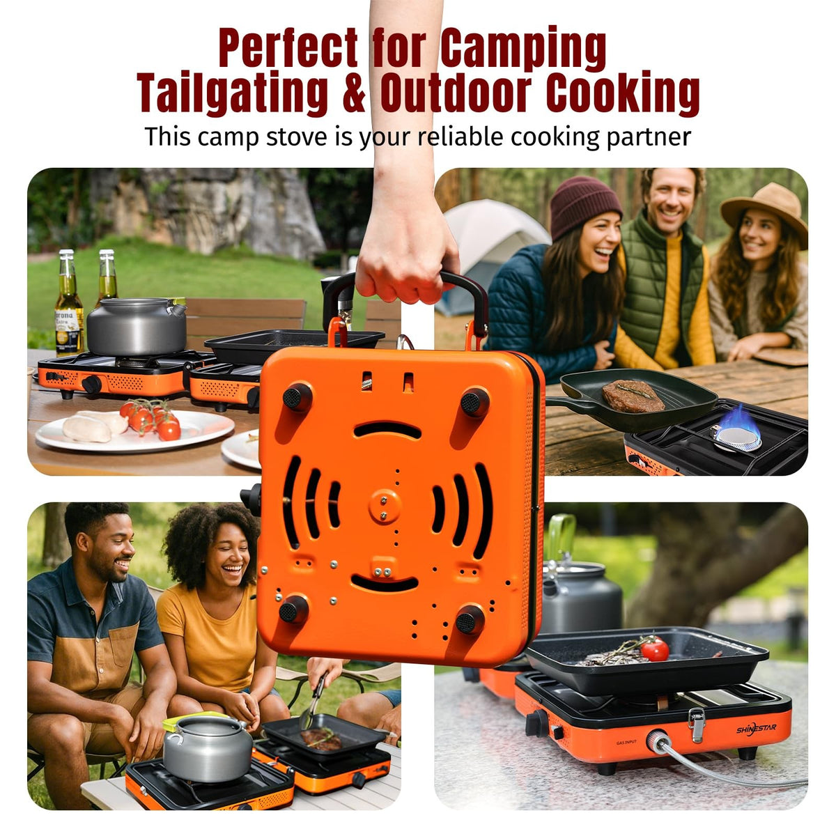 Portable 2 Burner Propane Camping Stove with Carrying Case & Hose