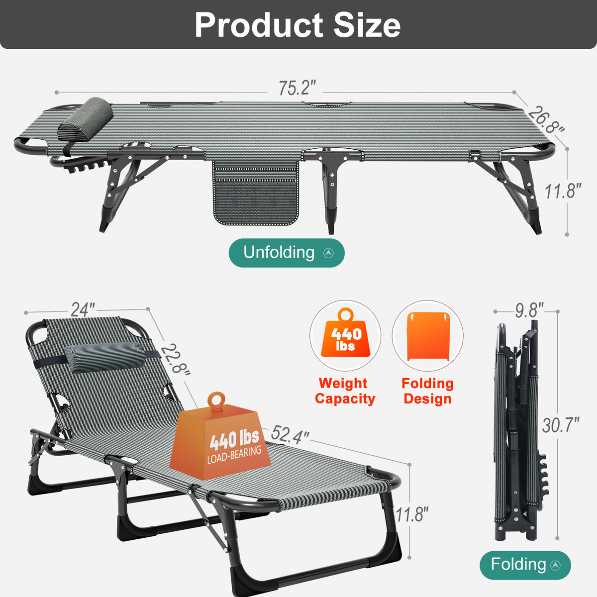 Adults Folding Camping Cot with Adjustable Headrest and Mattress