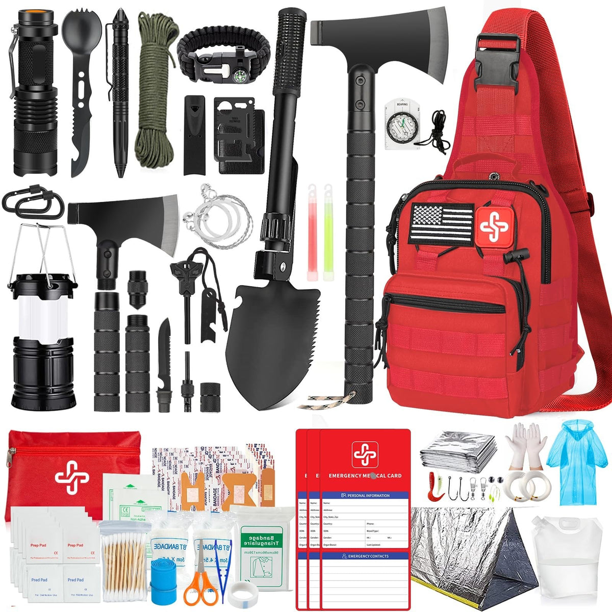 Emergency Survival Kit with First Aid Tent Axe Shovel and Bag - 262 Pieces