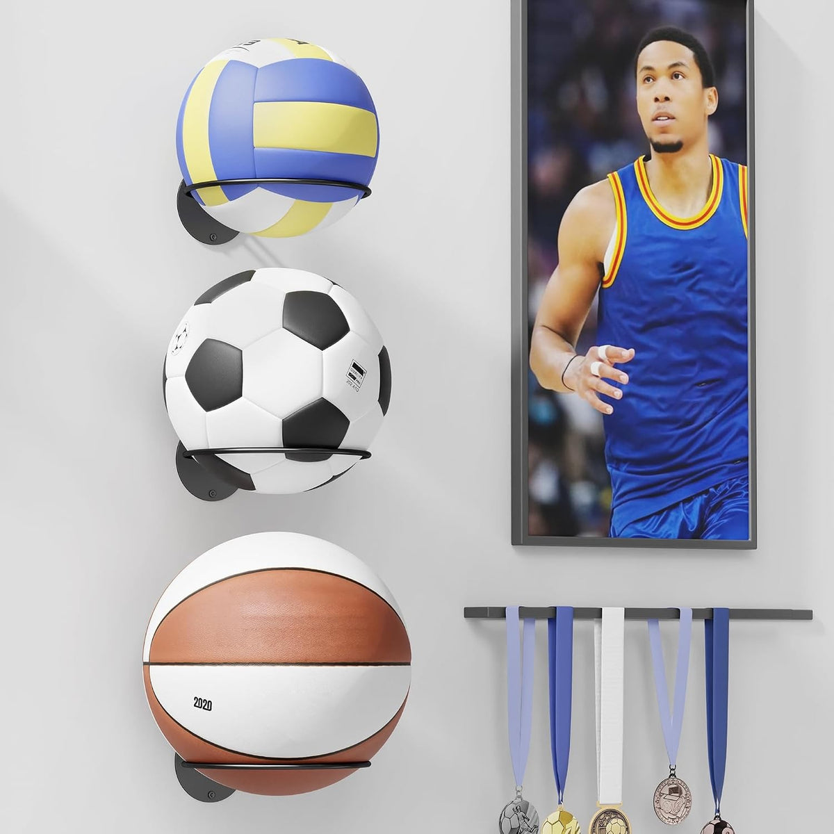 Wall Mount Basketball Holder Display Rack for Sports Balls Black